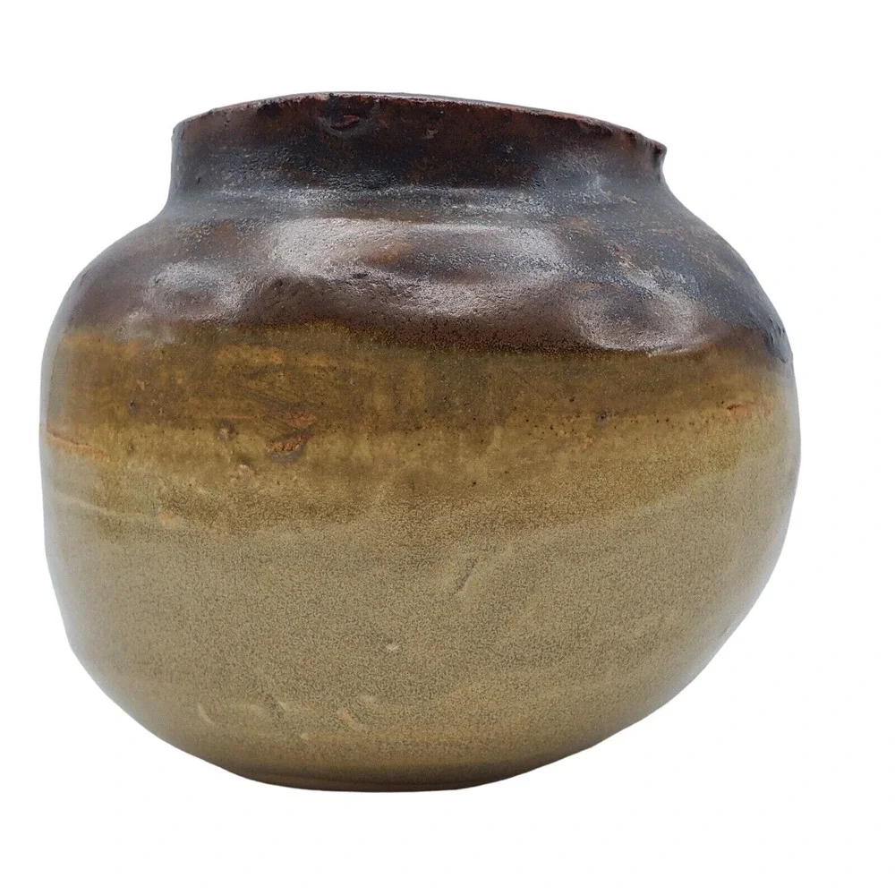 Bean Pot Squat Vase Art Pottery Brown Tan Signed Small Ceramic Rustic Decor Vtg